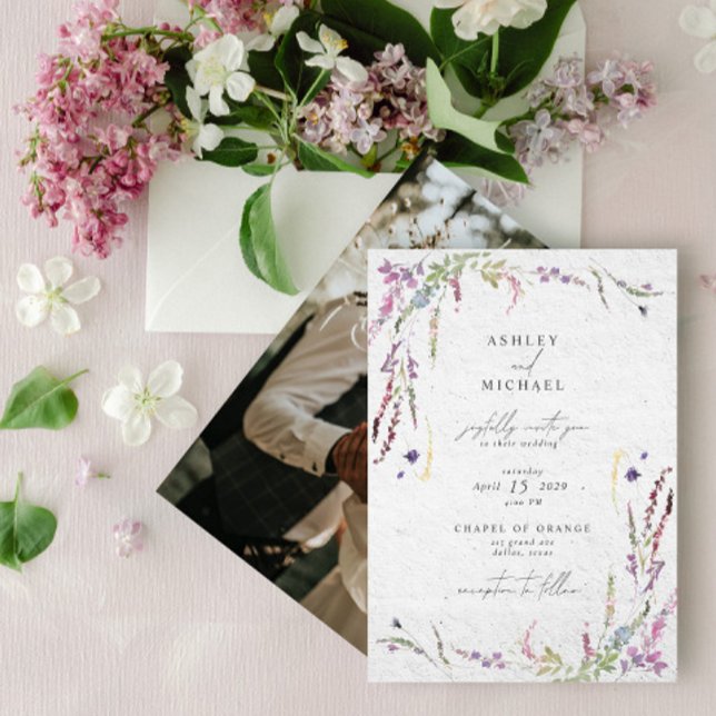 Elegant Wildflower Watercolor Modern Photo Wedding Invitation (Creator Uploaded)
