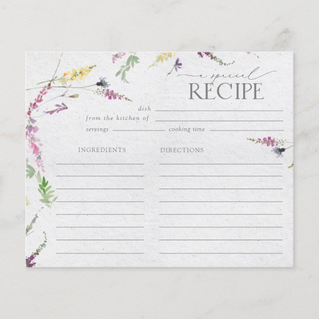 Elegant Wildflower Watercolor Shower Recipe Card (Front)