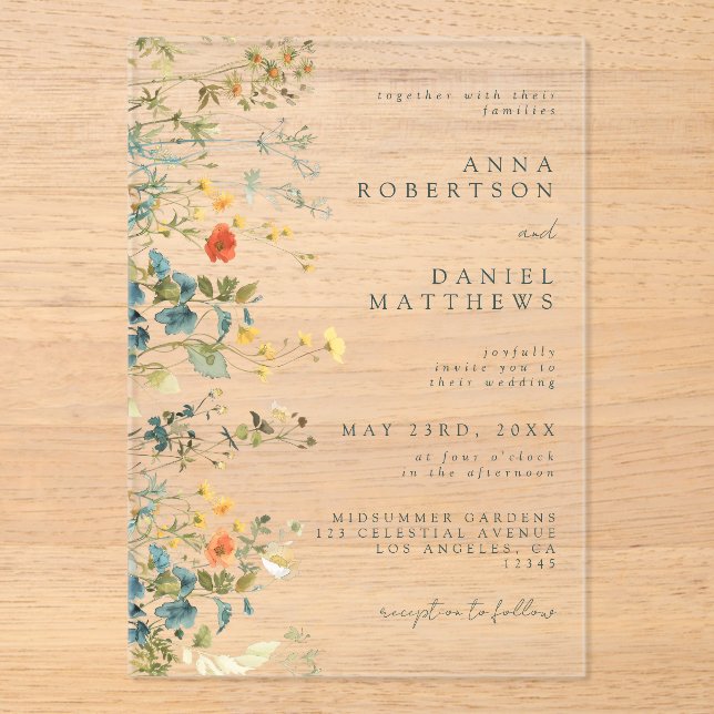 Elegant Wildflower Wedding Acrylic Invitations (Front)