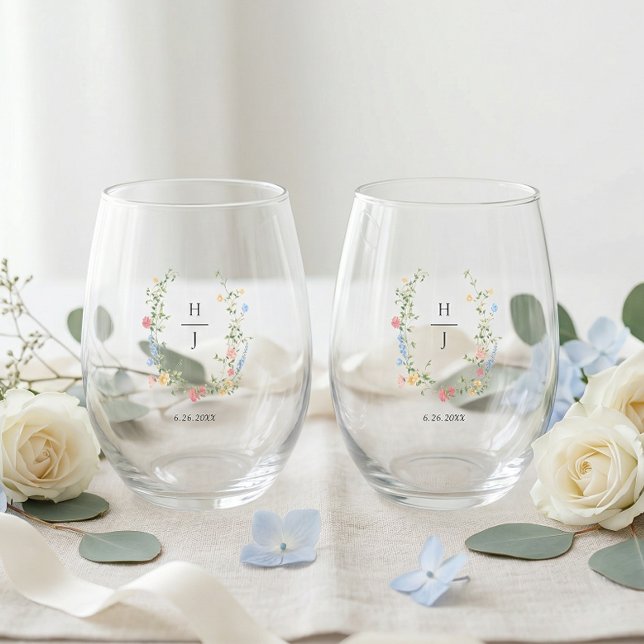 Elegant Wildflower Wedding Couple Drinkware Set Stemless Wine Glass (Creator Uploaded)