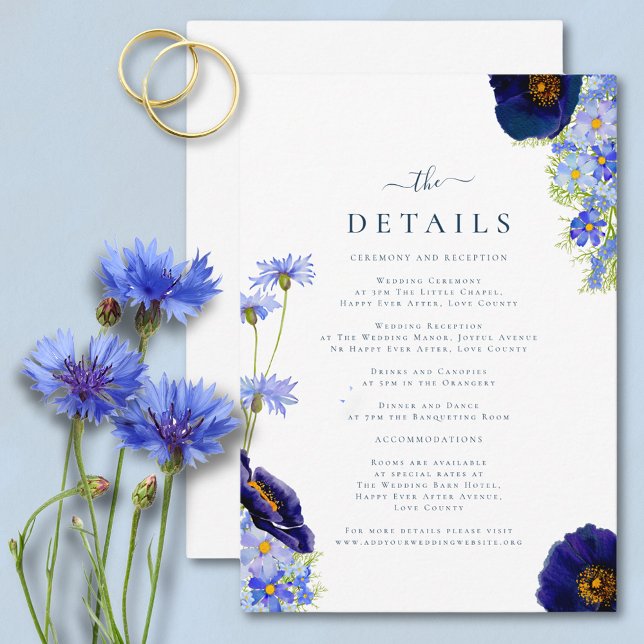 Elegant Wildflower Wedding Details Enclosure Card (Elegant wildflower watercolor summer floral blue wedding details card with modern typography script)