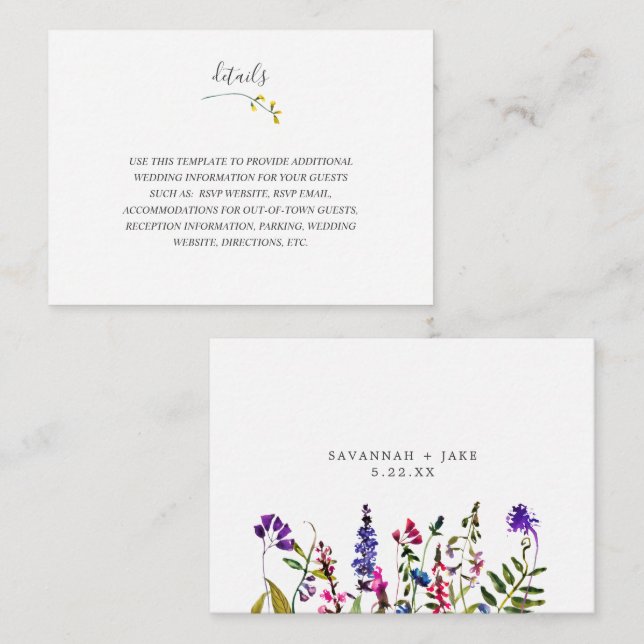Elegant Wildflower wedding info details card (Front/Back)