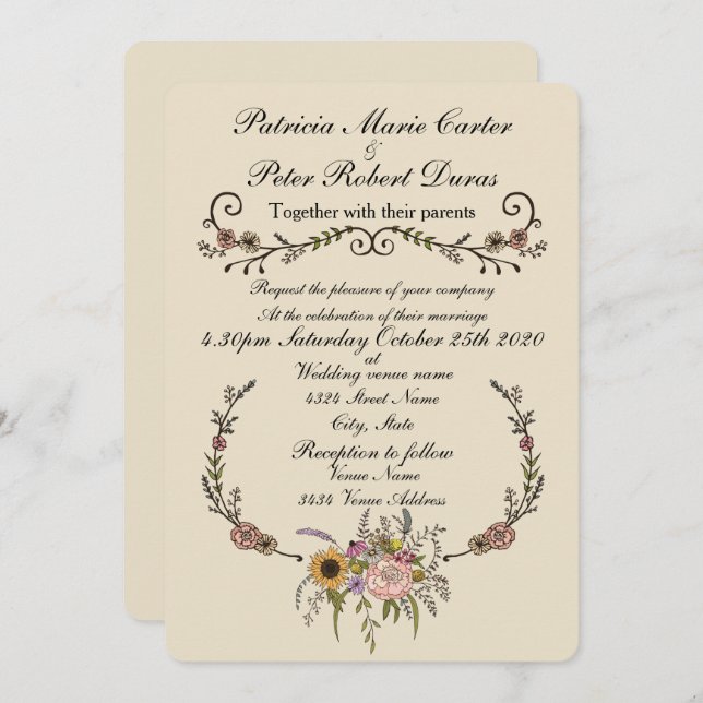 Elegant Wildflower Wedding Invitation.5" x 7" Card (Front/Back)