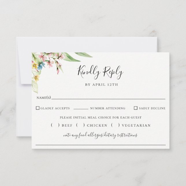 Elegant Wildflower Wedding Meal Choice RSVP Card (Front)