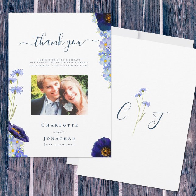 Elegant Wildflower Wedding Photo Thank You Card (Unique wildflower watercolor art by Catherine Sweetman)