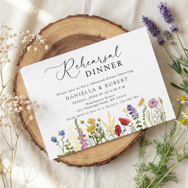 Elegant Wildflower Wedding Rehearsal Dinner (modern script calligraphy wildflower rehearsal dinner invitation)