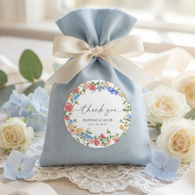 Elegant Wildflower Wedding Thank You Favor Classic Round Sticker (Creator Uploaded)