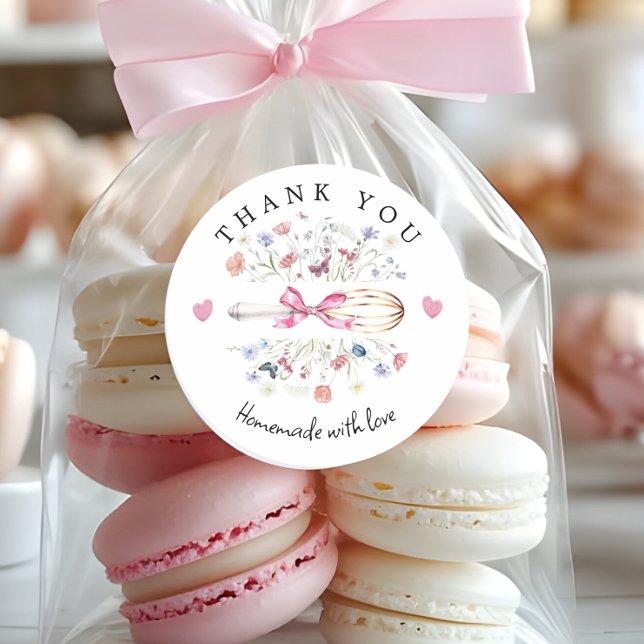 Elegant Wildflower Whisk Bakery Classic Round Sticker (Elegant Wildflower Whish with pink bow Thank you stickers)