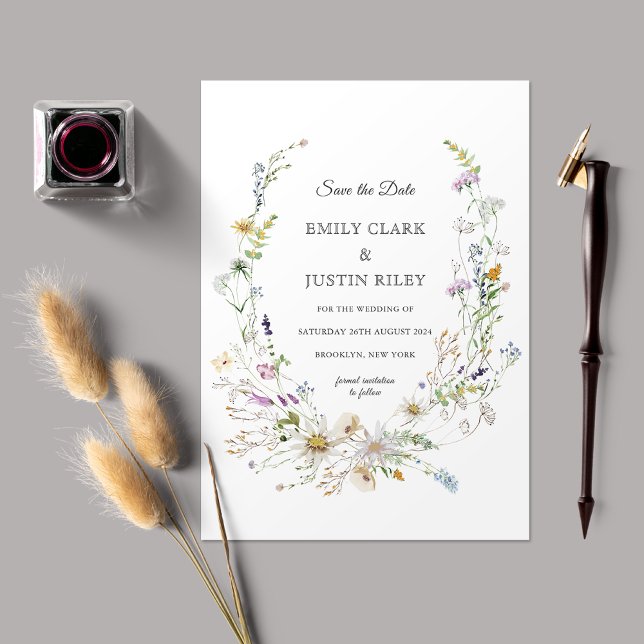 Elegant Wildflower White Save the Date Wedding Invitation (Creator Uploaded)