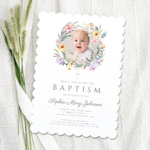 Elegant Wildflower Wreath Baptism Photo Invitation