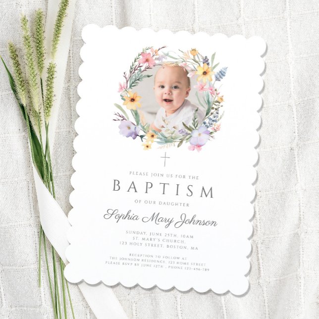 Elegant Wildflower Wreath Baptism Photo Invitation (Elegant Wildflower Wreath Baptism Photo Invitation)