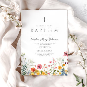 Elegant Wildflower Wreath Cross Girl Baptism Invitation