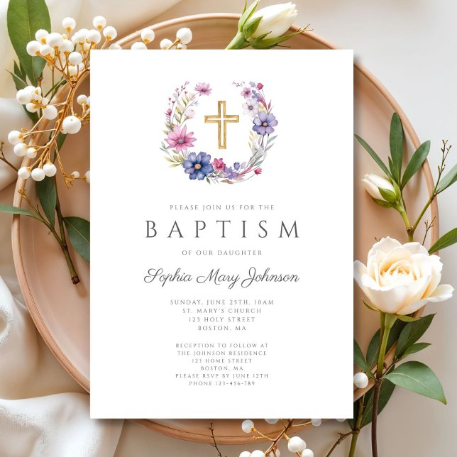 Elegant Wildflower Wreath Girl Baptism Invitation (Elegant Wildflower Wreath Girl Baptism Invitation)