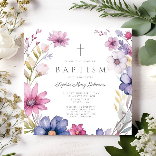 Elegant Wildflower Wreath Girl Baptism Invitation (Elegant Wildflower Wreath Girl Baptism Invitation)