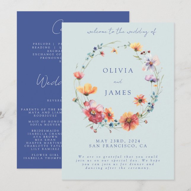 Elegant Wildflower Wreath Summer Wedding Welcome Programme (Front/Back)