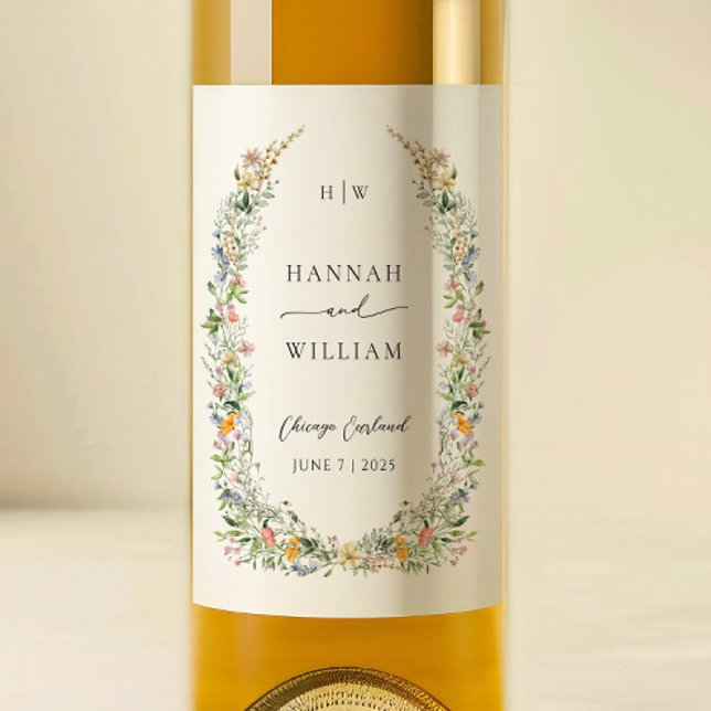 Elegant Wildflower Wreath Wedding Wine Label (Creator Uploaded)