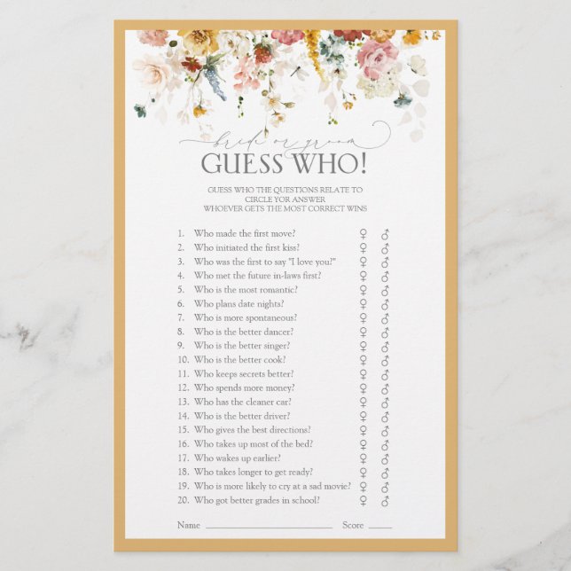 Elegant Wildflower Yellow Bridal Shower Game (Front)
