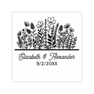 Elegant Wildflowers #2 Wedding Couple Names Date Self-inking Stamp