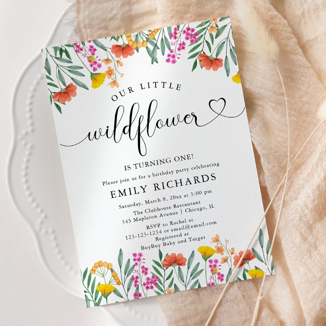 Elegant Wildflowers baby girl 1st birthday party Invitation (Creator Uploaded)
