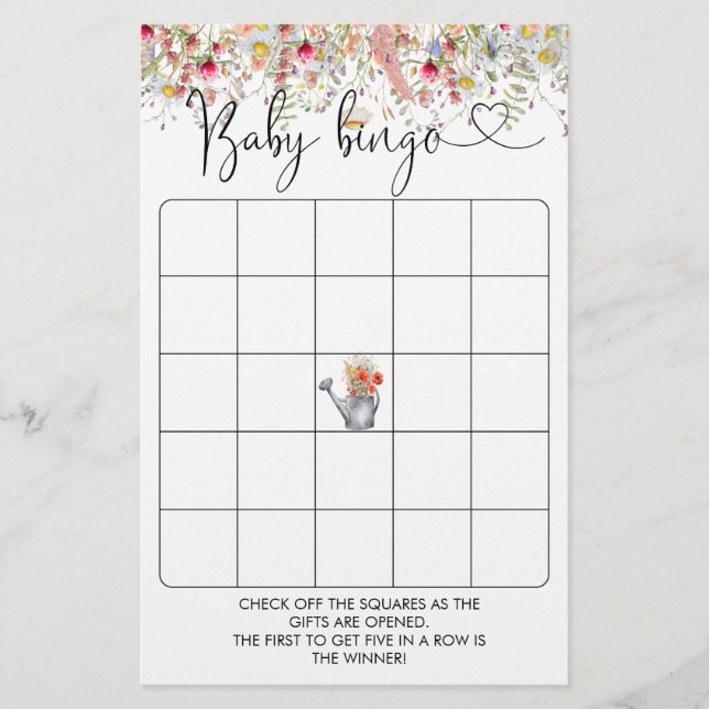 Elegant Wildflowers Baby Shower Bingo Game (Front)
