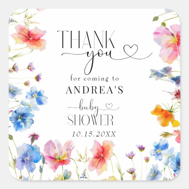 Elegant Wildflowers Baby Shower Thank You Square Sticker (Front)