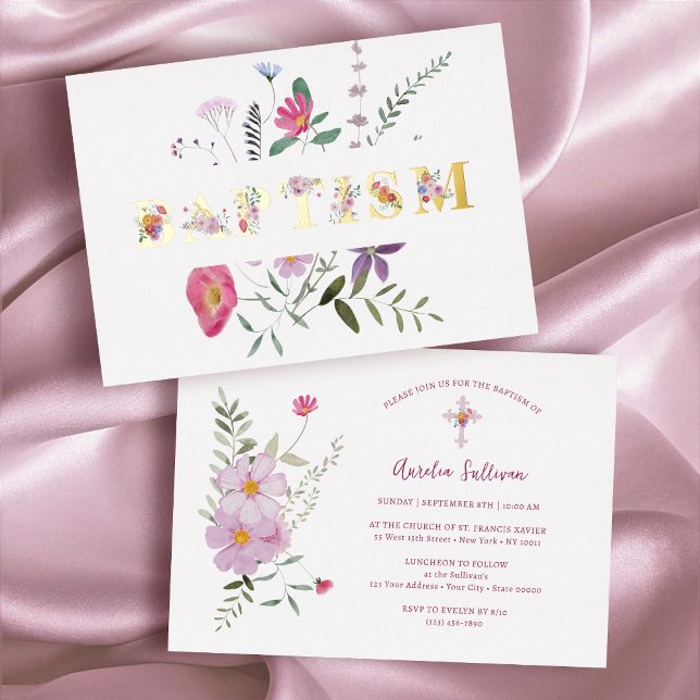 Elegant Wildflowers Baptism Foil Invitation (Creator Uploaded)