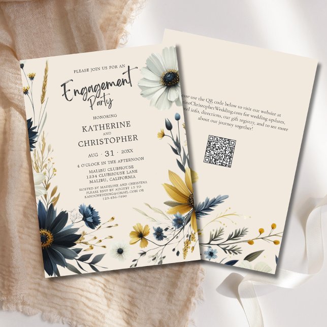 Elegant Wildflowers Beige Engagement Party Invitation (Watercolor Wildflowers Engagement Party Invitation with Blue & Yellow Wildflowers, modern typography)