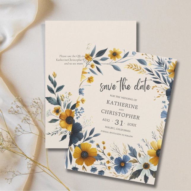 Elegant Wildflowers Beige Wedding Save The Date (Watercolor Wildflowers Beige Wedding Save the Date with Blue and Yellow wildflowers, QR Code.)