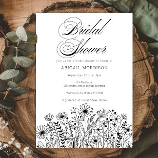 Elegant Wildflowers Black and White Bridal Shower Invitation