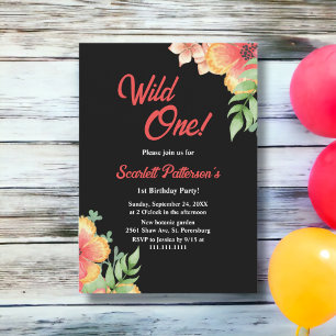 Elegant Wildflowers Black Floral 1st Birthday Invitation