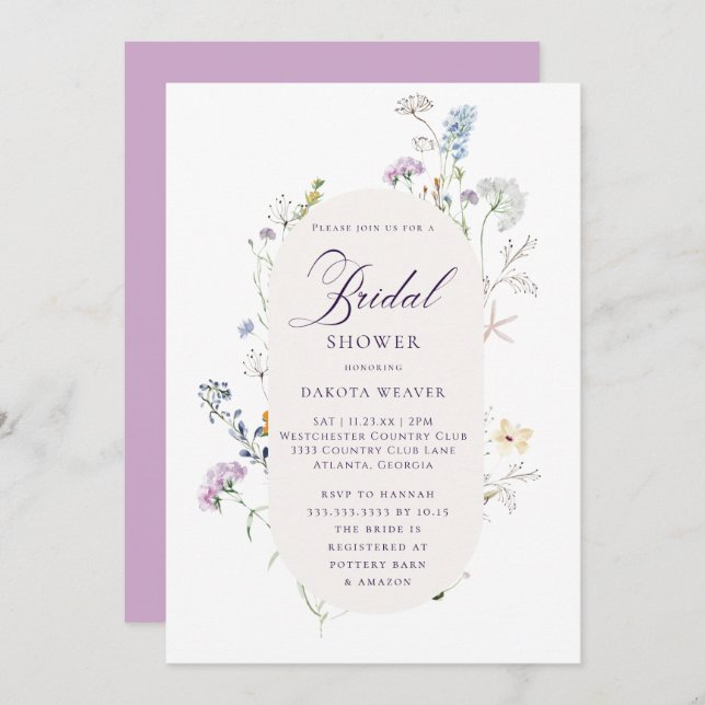 Elegant Wildflowers Calligraphy Bridal Shower Invitation (Front/Back)