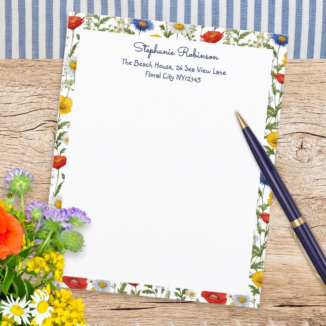 Elegant Wildflowers Colourful Floral Border Paper (Beautiful writing paper, personalized with name and address, with a colorful border of wildflowers)