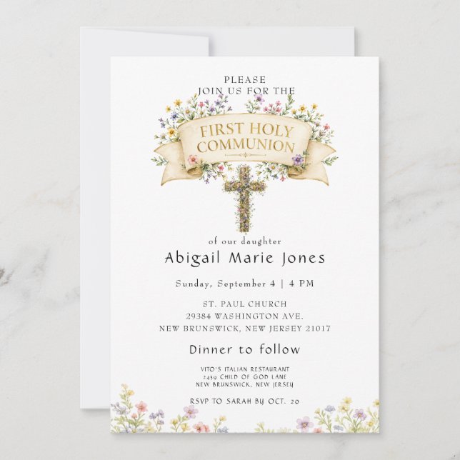 Elegant Wildflowers Cross First Holy Communion  Invitation (Front)