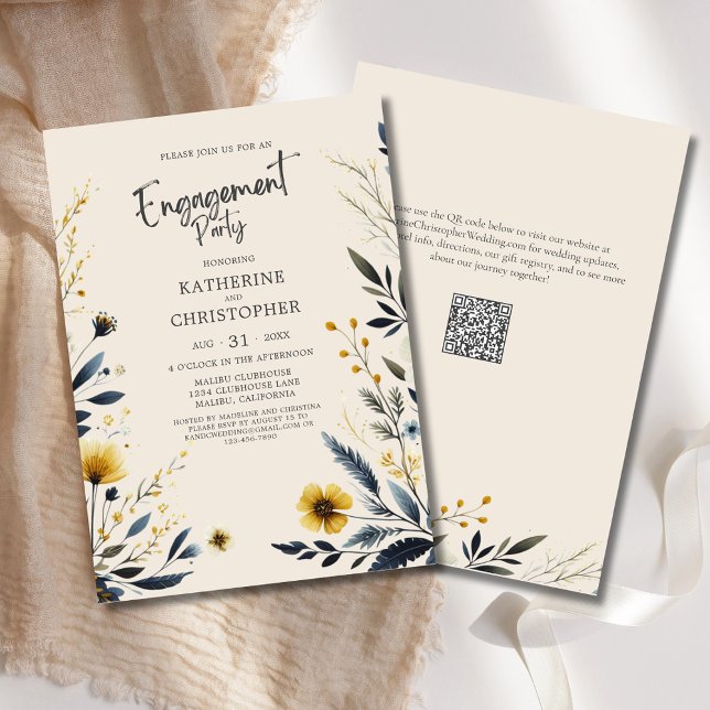 Elegant Wildflowers Engagement Party Beige Invitation (Elegant Wildflowers Engagement Party Invitation with Blue and Yellow Watercolor Wildflowers, QR Code)