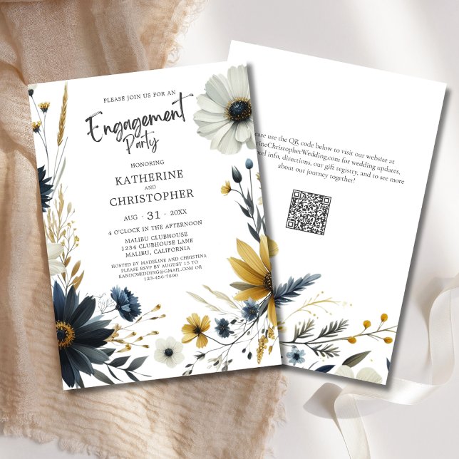 Elegant Wildflowers Engagement Party Invitation (Watercolor Wildflowers Engagement Party Invitation with Blue & Yellow Wildflowers, modern typography)