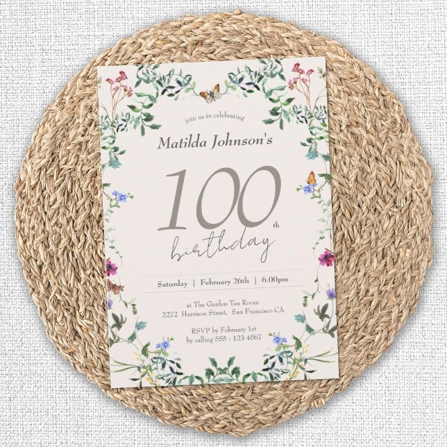 Elegant Wildflowers Floral 100th Birthday Party Invitation (Elegant 100th Birthday Wildflowers Floral Invitation)