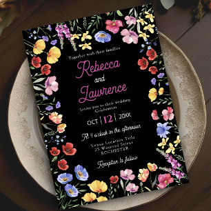 Elegant wildflowers floral black wedding  invitation