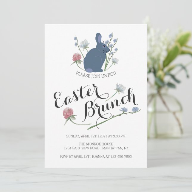 Elegant Wildflowers & Gray Bunny, Easter Brunch Announcement (Standing Front)