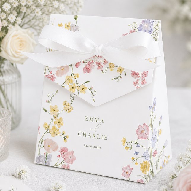 Elegant  Wildflowers Green Script Wedding Favour Box (Elegant Wildflowers Green Script Wedding Favor Boxes)