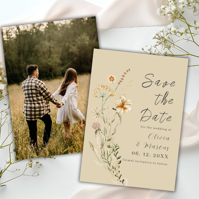 Elegant Wildflowers Neutral Beige Photo Fall Save The Date (Creator Uploaded)
