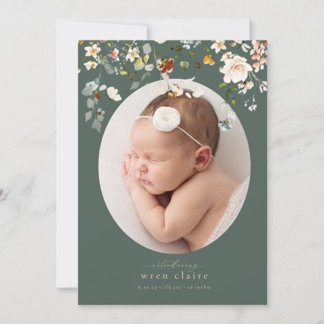 Elegant Wildflowers Oval Photo Birth Announcement (Front)