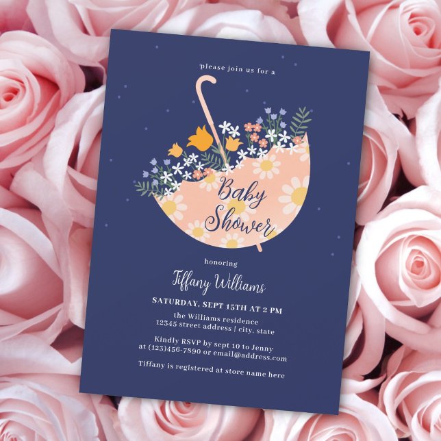 Elegant Wildflowers Pink Umbrella Baby Shower Invitation (Creator Uploaded)
