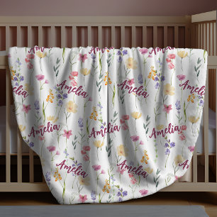 Elegant wildflowers repeating name purple blue fleece blanket