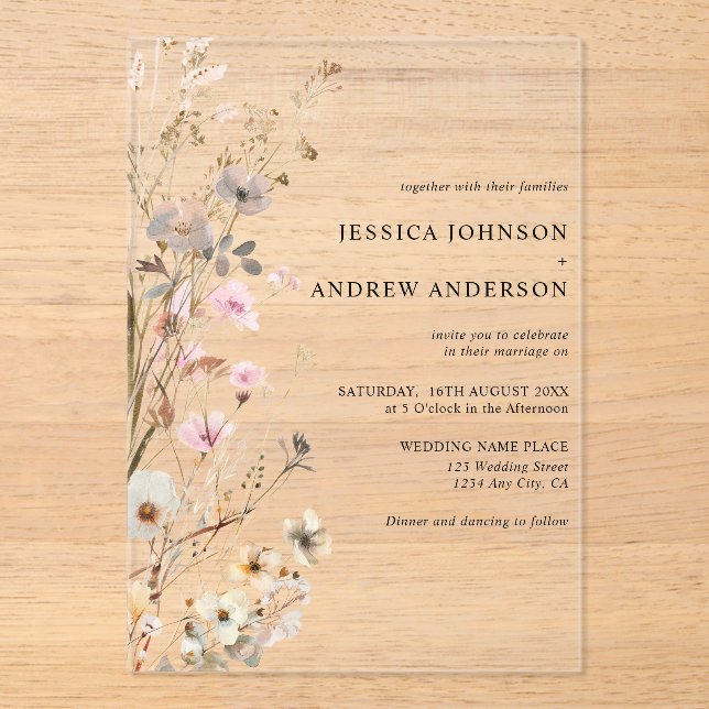 Elegant Wildflowers Rustic Floral Wedding Invitati Acrylic Invitations (Front)