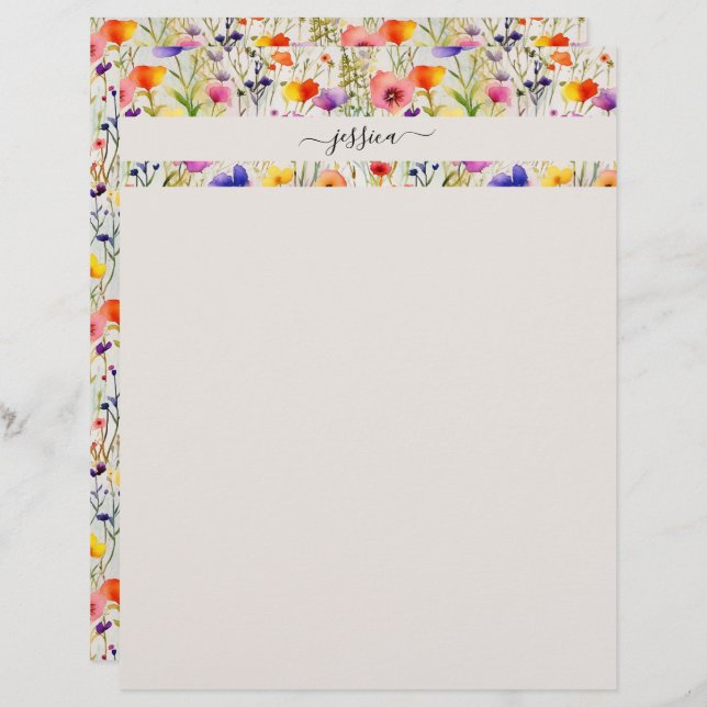 Elegant wildflowers script name custom letterhead (Front/Back)