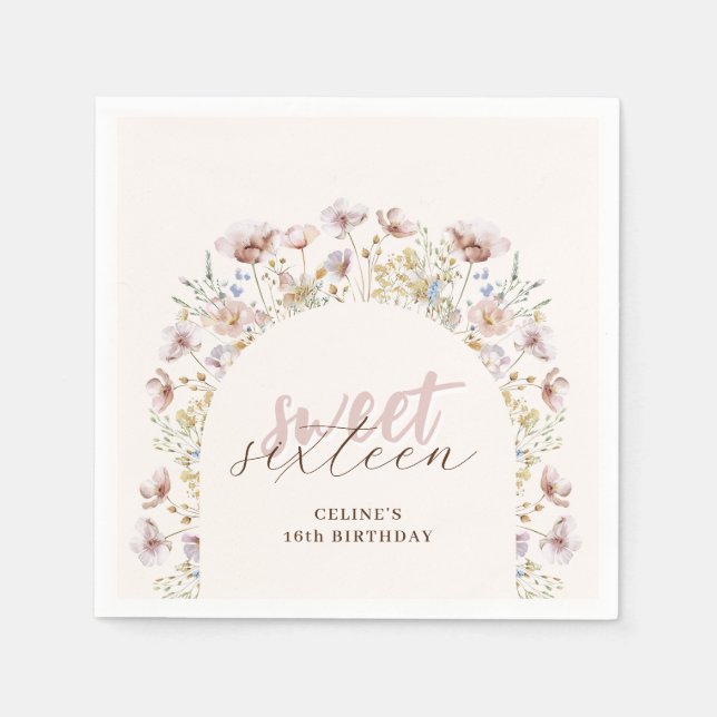 Elegant Wildflowers Sweet 16 Birthday Napkin (Front)