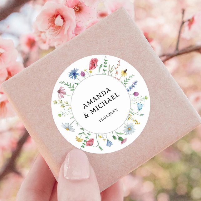 Elegant Wildflowers Wedding Classic Round Sticker (Creator Uploaded)