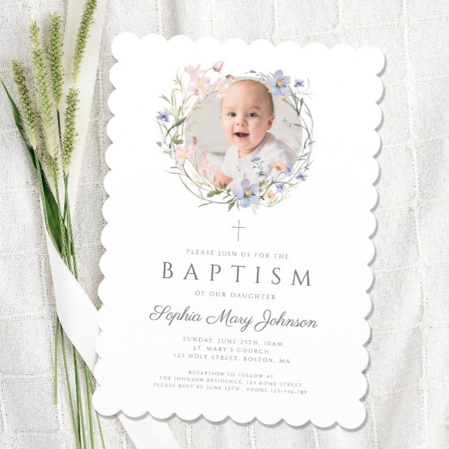 Elegant Wildflowers Wreath Photo Baptism Invitation (Elegant Wildflowers Wreath Photo Baptism Invitation)