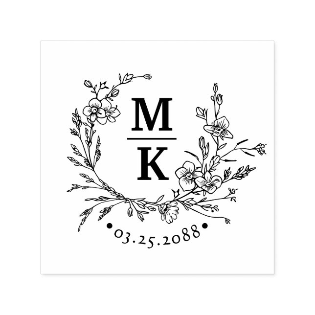 Elegant Wildflowers Wreath Wedding Couple Monogram Self-inking Stamp (Design)