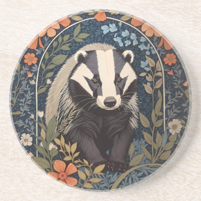 Elegant William Morris Inspired Badger Coaster (Front)